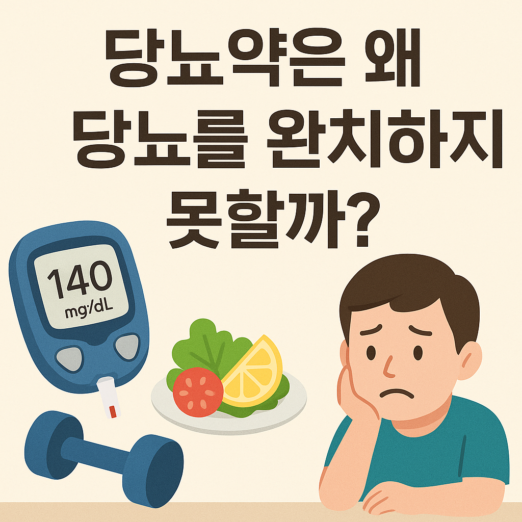 '당뇨약은 왜 당뇨를 완치하지 못할까?’라는 문구가 적힌 썸네일 이미지. 한 손엔 혈당측정기(140mg/dL)가 들려 있고, 옆에는 dumbbell(아령), 채소와 레몬이 담긴 접시가 있으며, 한 남성이 근심 어린 표정으로 턱을 괸 채 앉아 있는 모습이 표현돼 있다. 건강한 식습관과 운동의 중요성을 암시하는 구성.