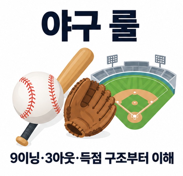 야구공 배트 글러브 야구장 다이아몬드를 배경으로 야구 룰이라는 글자가 중앙에 놓인 야구 기본규칙 인포그래픽