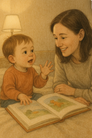 그림책을 보며 부모와 대화하는 어린 아이의 모습