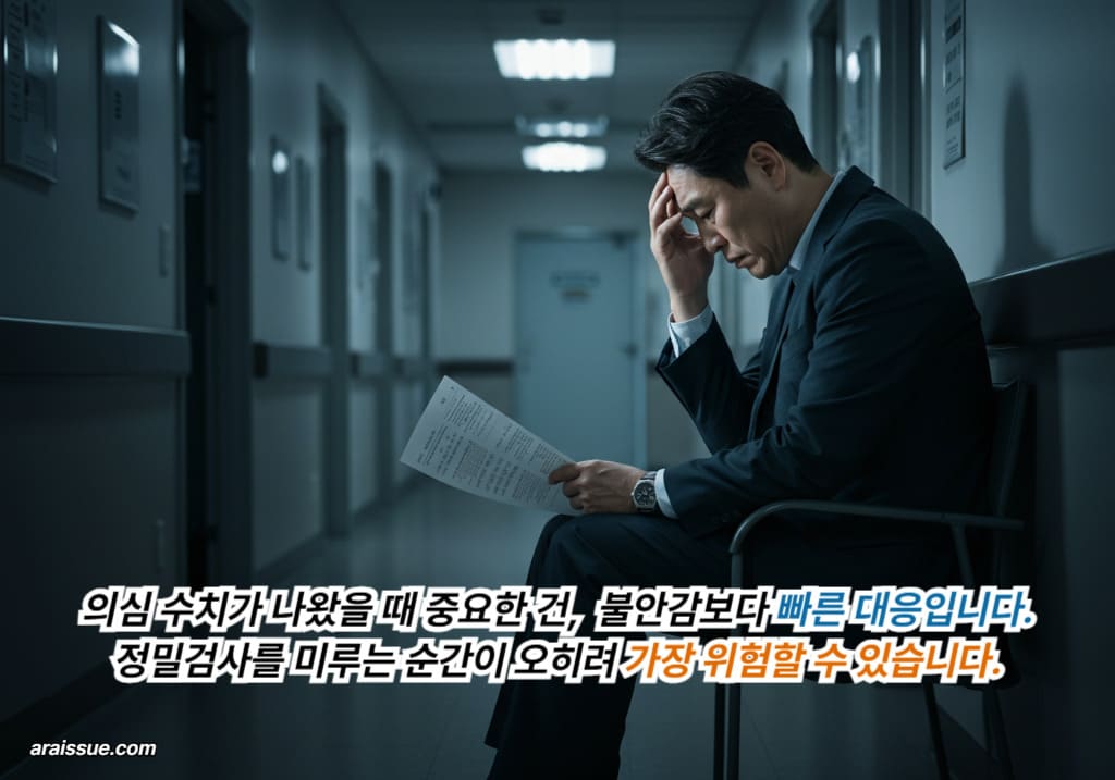 병원 복도에서 혼자 앉아 무릎 위에 펼쳐진 검진 결과지를 내려다보며 이마에 손을 얹고 있는 중년 남성의 모습으로, 정밀검사로 이어지지 못한 상황의 불안함을 보여주는 장면