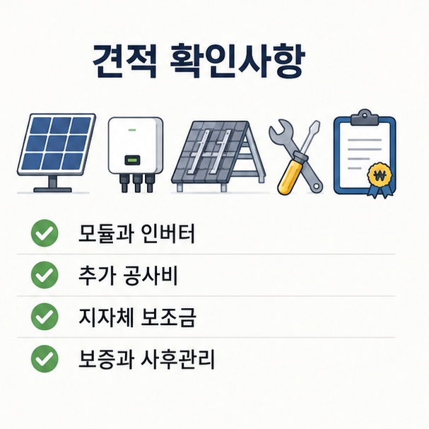 태양광 설치 견적을 비교할 때 모듈과 인버터, 추가 공사비, 보조금, 사후관리 조건을 확인해야 함을 보여주는 이미지