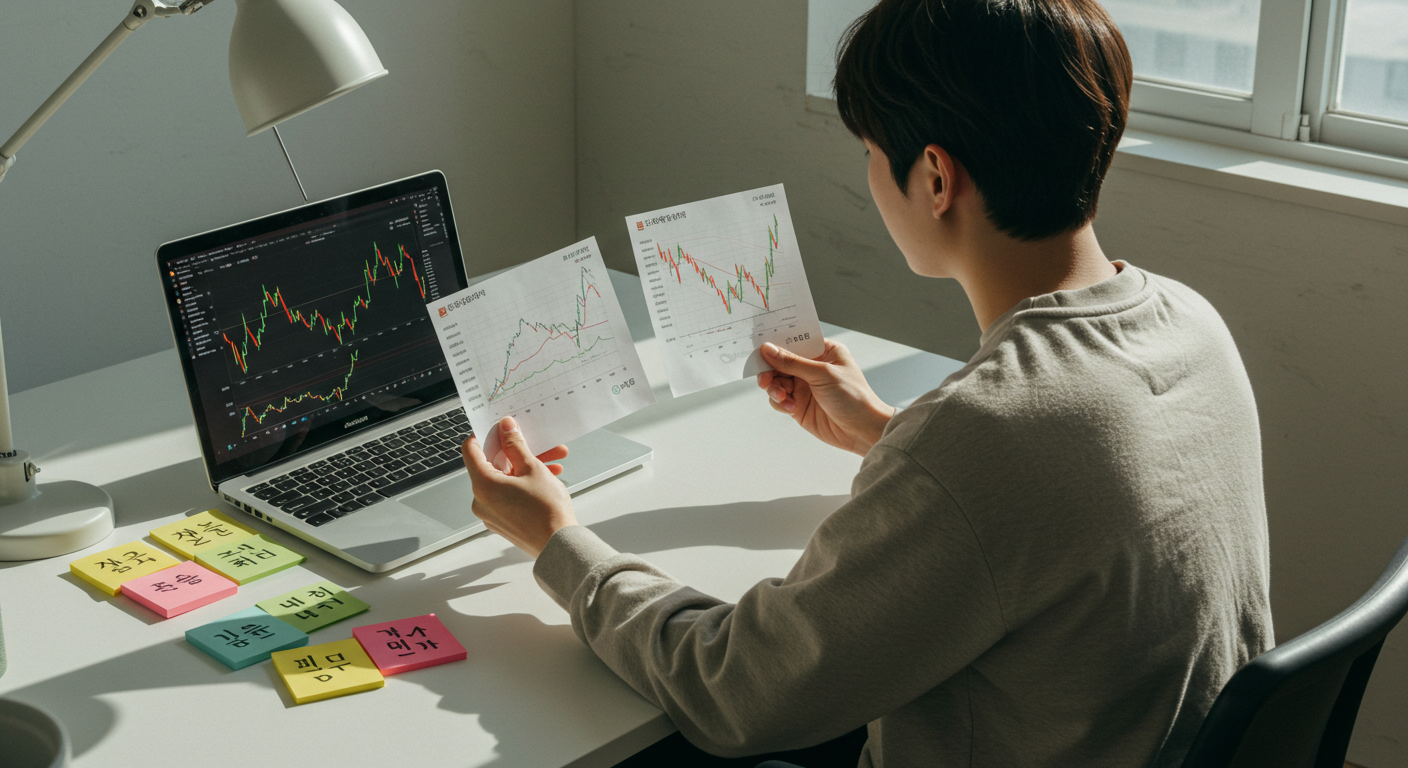 우량주와 테마주 차트를 비교하며 투자 전략을 고민하는 초보 투자자의 모습