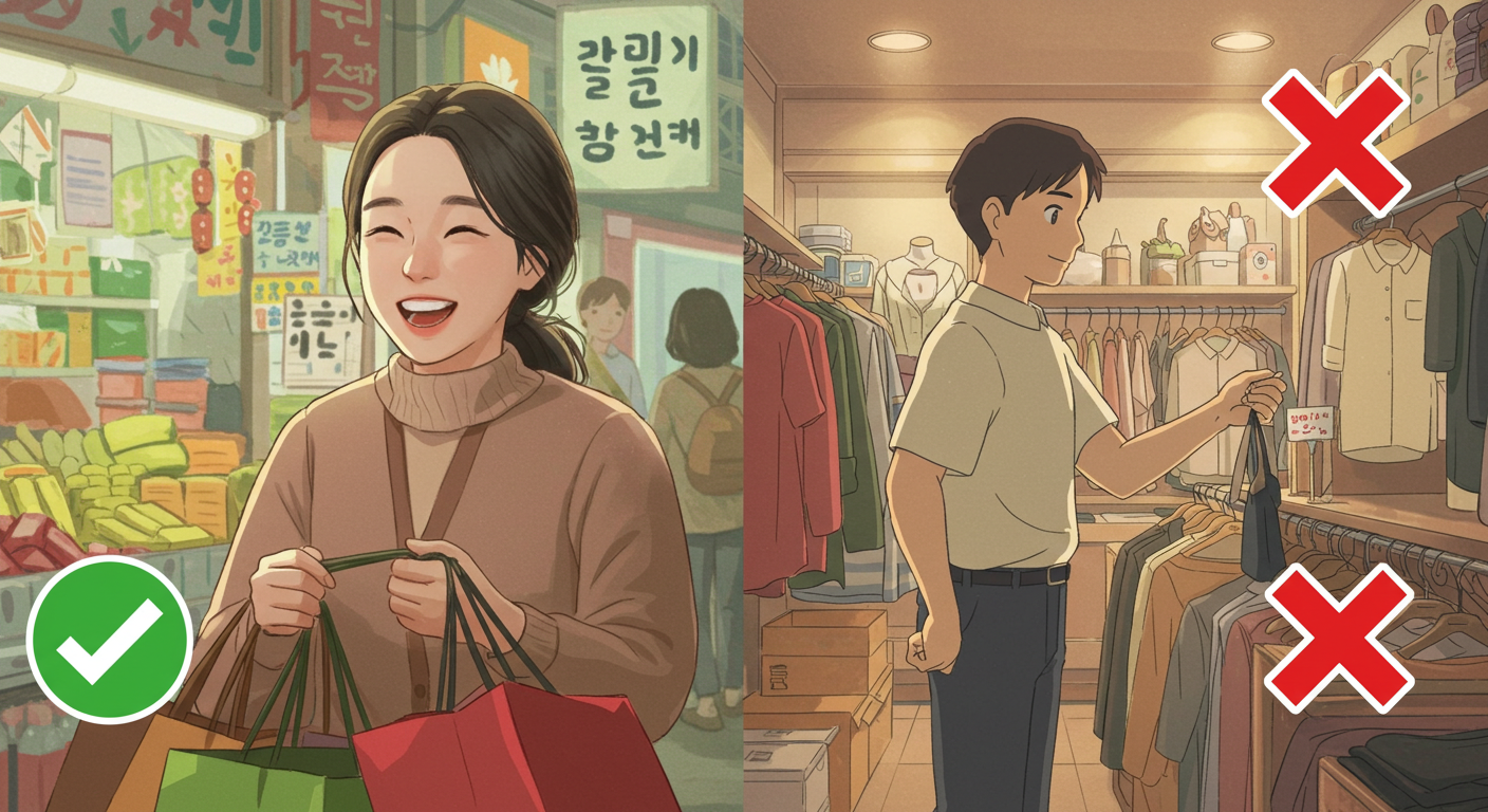 동네 시장 소비는 인정되고 백화점 소비는 제외되는 비교 장면