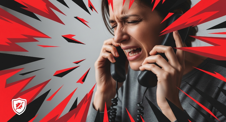 불법 추심 전화를 받고 불안해하는 사람의 모습과, 보호를 상징하는 방패 아이콘이 함께 보여 불법 추심 피해와 신고의 필요성을 강조함.