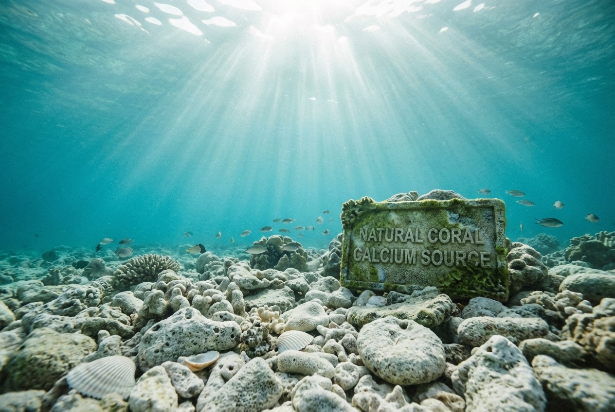 맑은 바닷속 바닥에 산호와 조개가 햇살을 받으며 놓여 있는 모습으로, 자연 유래 코랄칼슘 원료의 이미지를 표현한 사진