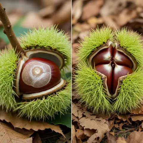 밤과 마로니에 열매의 껍질과 모양 비교