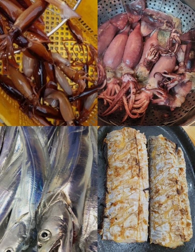 상단좌측부터 살아있는 오징어를 뜰채로 수족관에서 꺼내는 사진, 그 오징어로 찜통에서 대여섯마리 통오징어찜을 찐 사진이며 하단좌측부터 은갈치 수십마리를 세로로 가지런히 모아둔사진과 그 갈치로 먹기 쉽게 잘라서 갈치구이를 해서 석쇠에 올려둔 사진