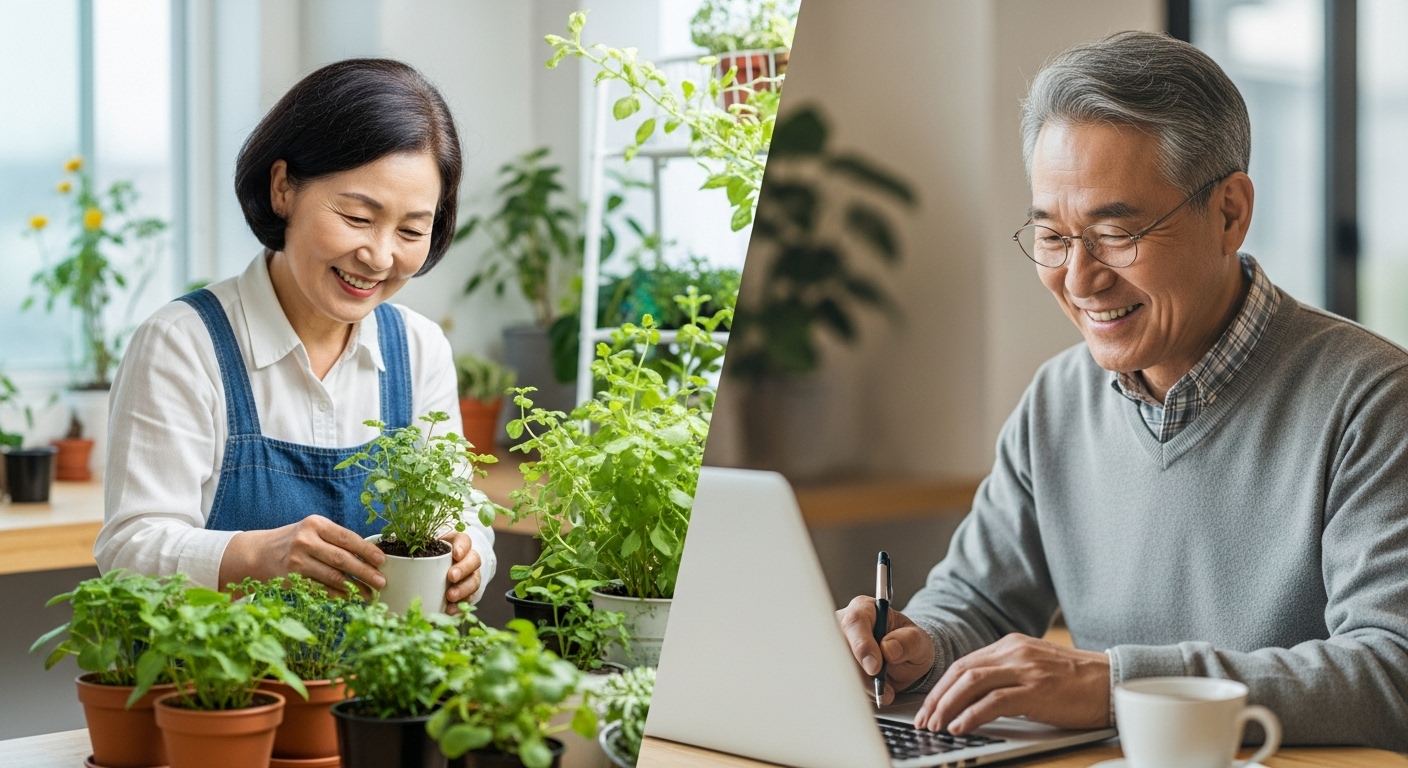 은퇴 후 온라인 블로그와 오프라인 가드닝 클래스 등 다양한 부업 활동을 하는 한국 시니어들의 모습