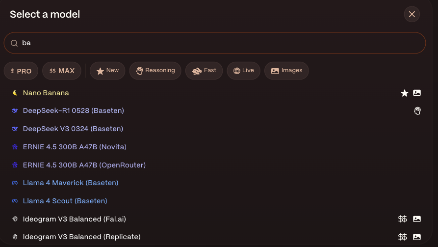 Yupp AI에서 나노 바나나 모델 선택하는 화면
