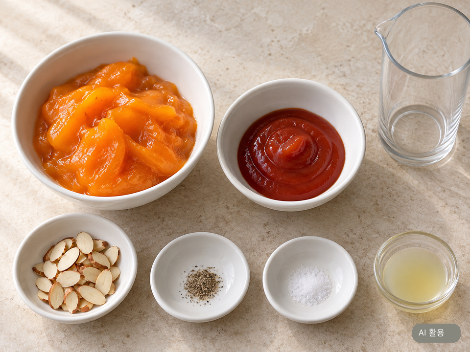 홍시 과육, 토마토케첩, 슬라이스 아몬드, 후춧가루, 소금, 레몬즙을 따로 담은 모습