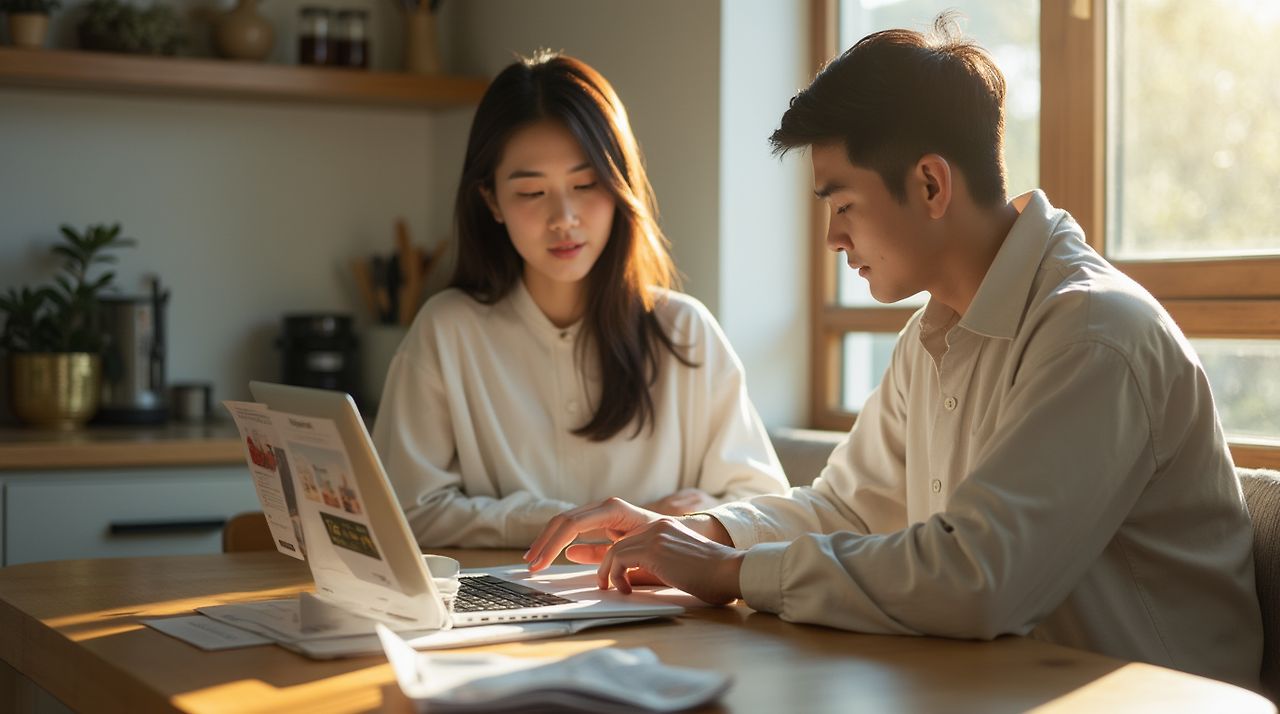 한국인 남성과 여성이 부엌 식탁에서 노트북으로 흐릿하게 처리된 청약 일정 캘린더를 확인하는 장면
