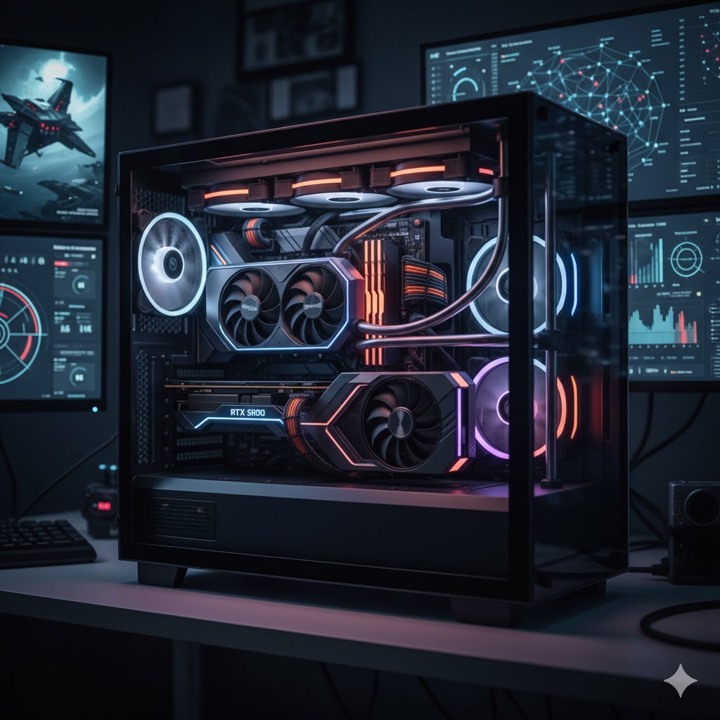 강렬한 조명과 모니터 화면들이 비치는 어두운 방 안에, 투명한 측면 패널로 내부가 보이는 최신 게이밍 PC가 놓여 있어요. PC 케이스 안에는 여러 개의 팬과 액체 냉각 파이프, 그리고 RTX 50 시리즈 그래픽카드가 자리 잡고 있어요. 그래픽카드와 팬, 액체 냉각 장치에서는 주황색, 파란색, 보라색 등 다양한 색상의 LED 조명이 빛나고 있어요. 배경의 모니터 화면들에는 데이터 시각화, 차트, 그리고 비행기 같은 그래픽이 표시되어, 이 PC가 고성능 컴퓨팅 및 게이밍 환경에 최적화되어 있음을 암시해요.