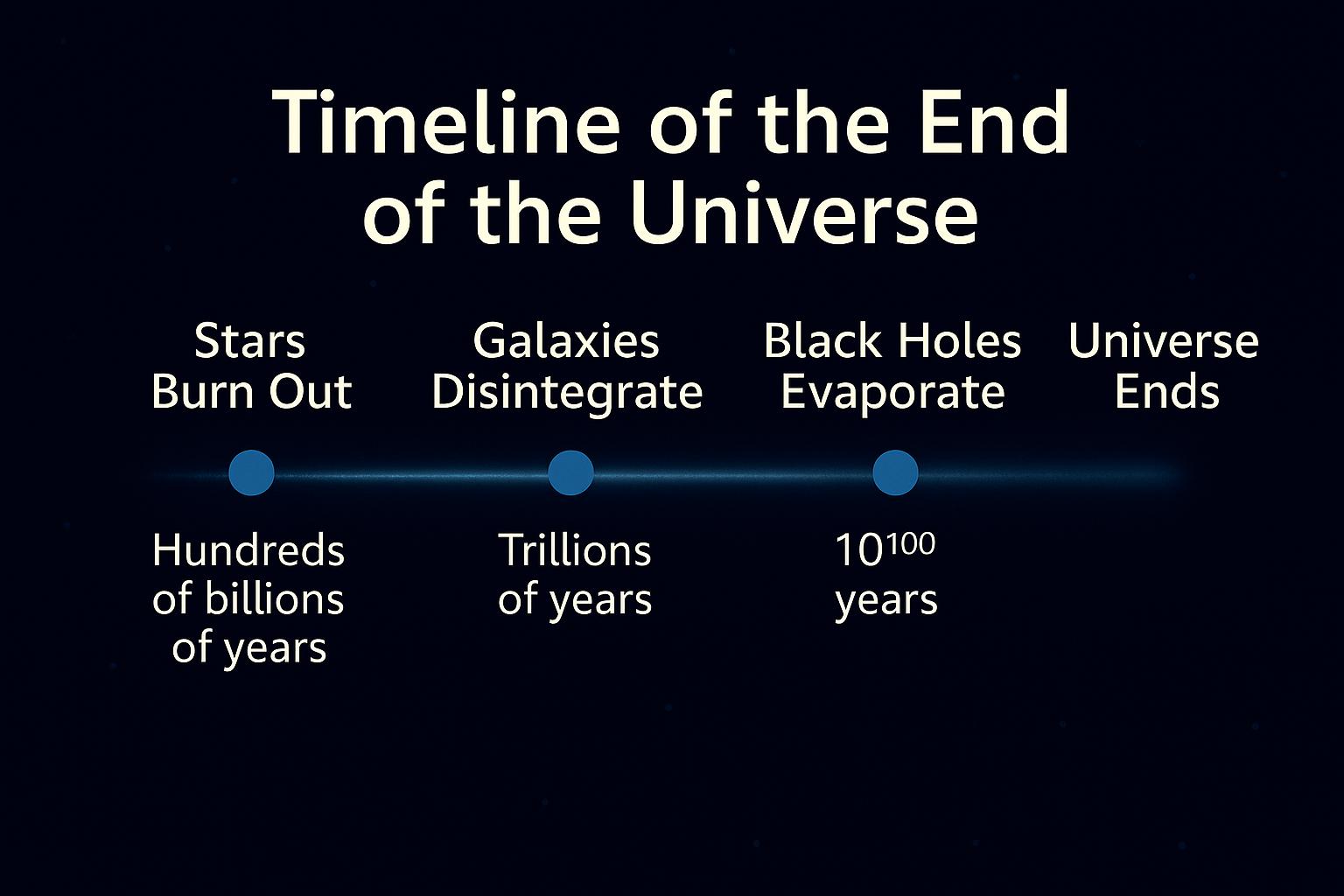 우주 종말 이론 정리, 엔트로피 증가와 빅리프 사건을 포함한 우주의 미래를 단계별로 보여주는 인포그래픽 이미지