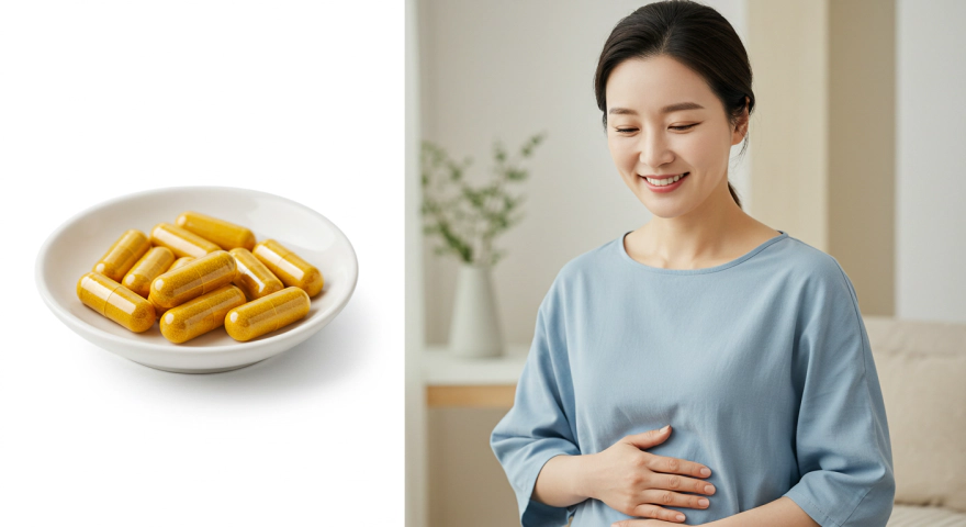 배를 잡고 있는 여성과 커큐민 영양제