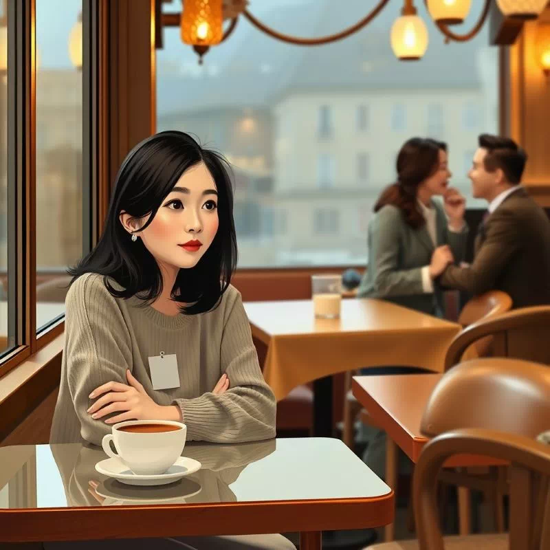 창가 자리에 앉은 한 사람이 커피를 앞에 두고 옆 테이블에서 대화하는 커플을 무심코 듣는 모습, 식당 옆 테이블 대화 엿듣기 예의 논란