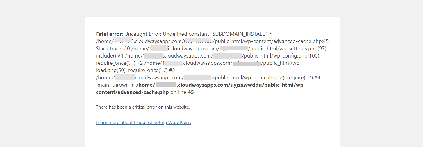 워드프레스 Fatal error: Uncaught Error: Undefined constant "SUBDOMAIN_INSTALL" ... advanced-cache.php... 에러