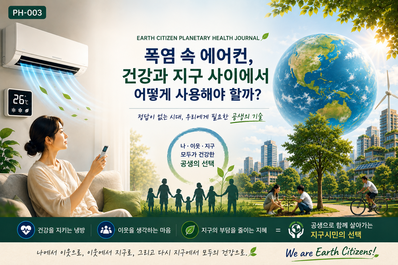 폭염 속 에어컨 사용을 통해 인간의 건강과 이웃, 지구의 건강을 함께 생각하는 공생의 의미를 표현한 이미지