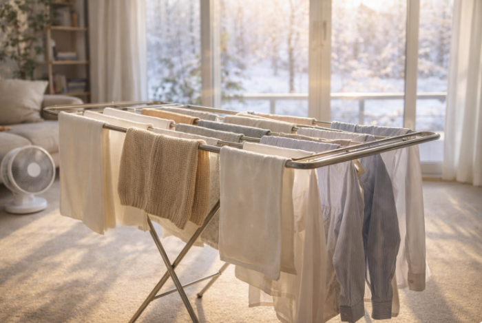 겨울 햇빛이 들어오는 거실에서 빨래건조대에 옷과 수건을 간격 두고 널어 실내에서 건조하는 모습