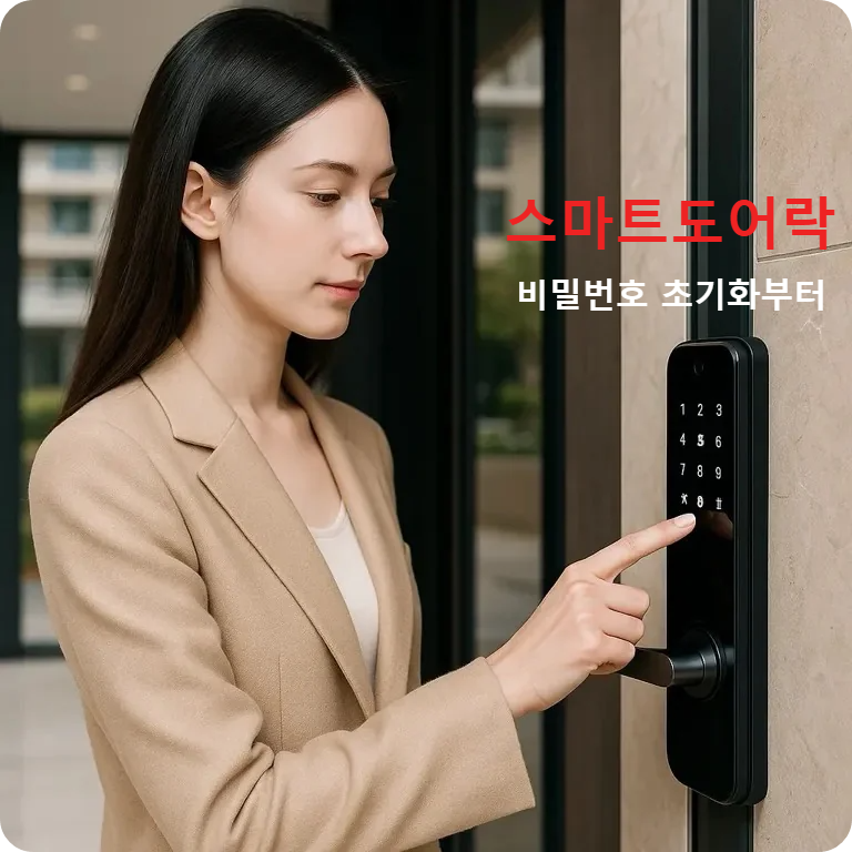 고급 아파트 현관에서 스마트 도어락을 누르는 30대 여성