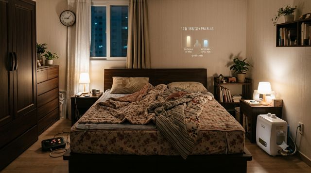 침대 위 전기매트와 온수매트의 소비전력과 전기세를 비교하는 모습