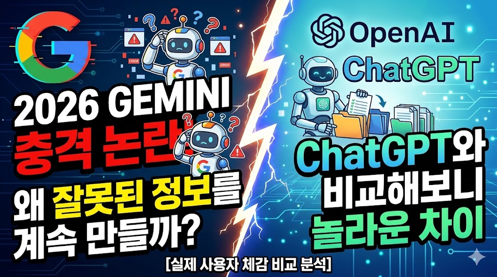 구글 제미나이(Gemini)와 오픈AI 챗GPT(ChatGPT)를 대조하여 분석한 블로그용 썸네일 이미지입니다. 화면은 번개 모양의 빛을 경계로 좌우로 나뉘어 있습니다.

좌측은 어두운 배경에 구글 로고와 함께 '2026 GEMINI 충격 논란! 왜 잘못된 정보를 계속 만들까?'라는 문구가 적혀 있으며, 머리를 긁적이며 곤혹스러워하는 로봇 캐릭터와 경고 아이콘들이 배치되어 있습니다.

우측은 밝은 하늘색 배경에 챗GPT 로고와 함께 'ChatGPT와 비교해보니 놀라운 차이'라는 문구가 적혀 있으며, 웃는 얼굴로 서류를 정리하는 로봇 캐릭터가 배치되어 있습니다. 하단에는 '[실제 사용자 체감 비교 분석]'이라는 부제가 적혀 있어 두 AI 서비스의 품질 차이를 심층적으로 다루고 있음을 시각적으로 나타냅니다.