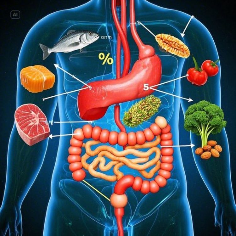 동물성 식품(고기, 생선, 달걀)과 식물성 식품(채소, 곡물, 견과류)이 좌우로 나뉘어 배치되고, 중앙에 영양소 분자들이 화살표와 퍼센티지로 흡수율을 시각화한 인포그래픽. 배경에는 인체 소화기관 실루엣과 혈류 흐름이 은은하게 표현되어 있다