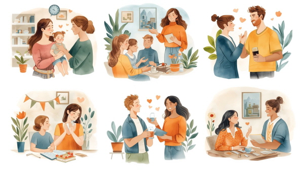 ESFJ는 따뜻하고 헌신적인 사람으로, 타인의 감정에 민감하고, 조화를 중요시합니다. 이들은 가정, 직장, 공동체 속에서 &lsquo;믿을 수 있는 사람&rsquo;, &lsquo;다정한 사람&rsquo;으로 자리잡고 싶어하며, 자신이 속한 관계망에서의 역할을 매우 소중히 여깁니다에 관한 그림