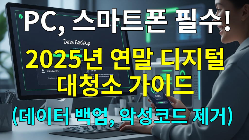 2025년 연말 디지털 대청소 가이드를 상징하는, 깨끗하게 정리된 PC와 스마트폰 화면