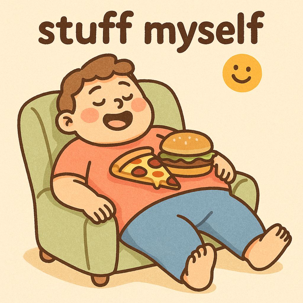 햄버거와 피자를 품에 안고 배부르게 먹은 뒤 의자에 늘어진 캐릭터. 'stuff myself' 텍스트와 함께 과식한 뒤의 편안한 모습이 유쾌하게 표현된 일러스트.