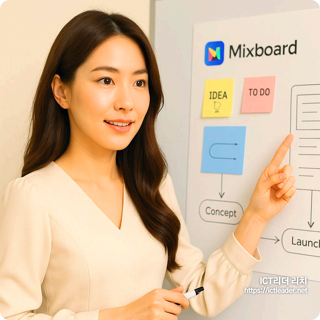 밝고 환한 피부와 여성스러운 복장을 갖춘 20대 한국 여성이 Mixboard 화면을 바라보며 자연스럽게 설명하는 모습