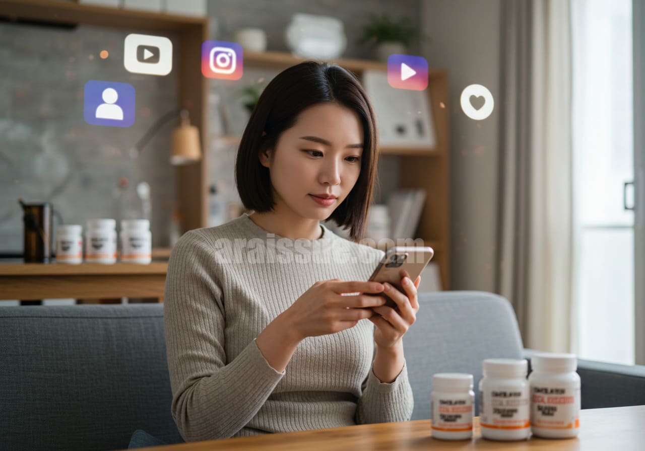 현대적인 한국 가정에서 여성이 스마트폰으로 건강기능식품을 검색하며 SNS를 통해 정보를 확인하는 장면입니다. 화면에는 유튜브와 인스타그램 아이콘이 희미하게 배경에 나타나며, 소비자가 신중하게 제품을 비교하는 분위기를 보여줍니다.