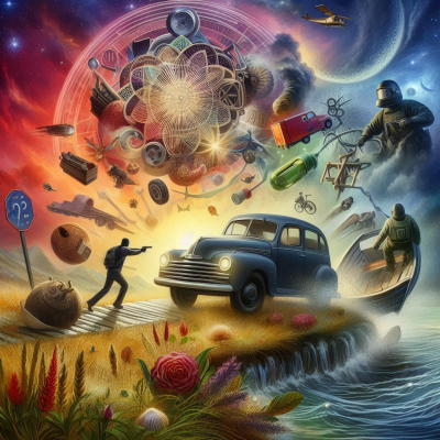 현실과 상상이 겹치는 경계에서의 활동적인 장면.