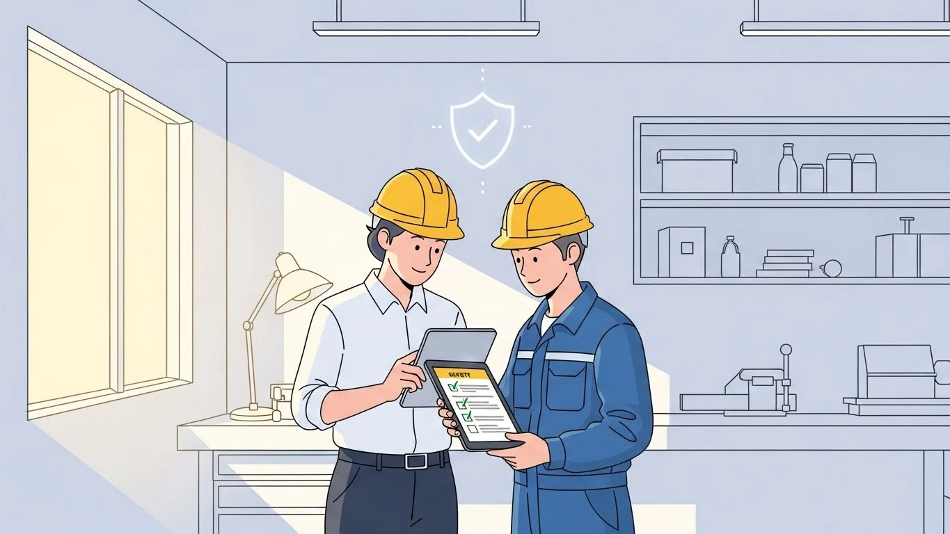 50인 미만 사업장 경영책임자와 근로자가 함께 안전보건 관리체계 체크리스트를 검토하며 중대재해처벌법에 대비하는 모습.