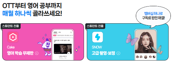 대학생 대학원생 스튜던트 서비스 영어 학습 무제한 사이트 고급촬영 보정 어플 snow 무료 사용 가능