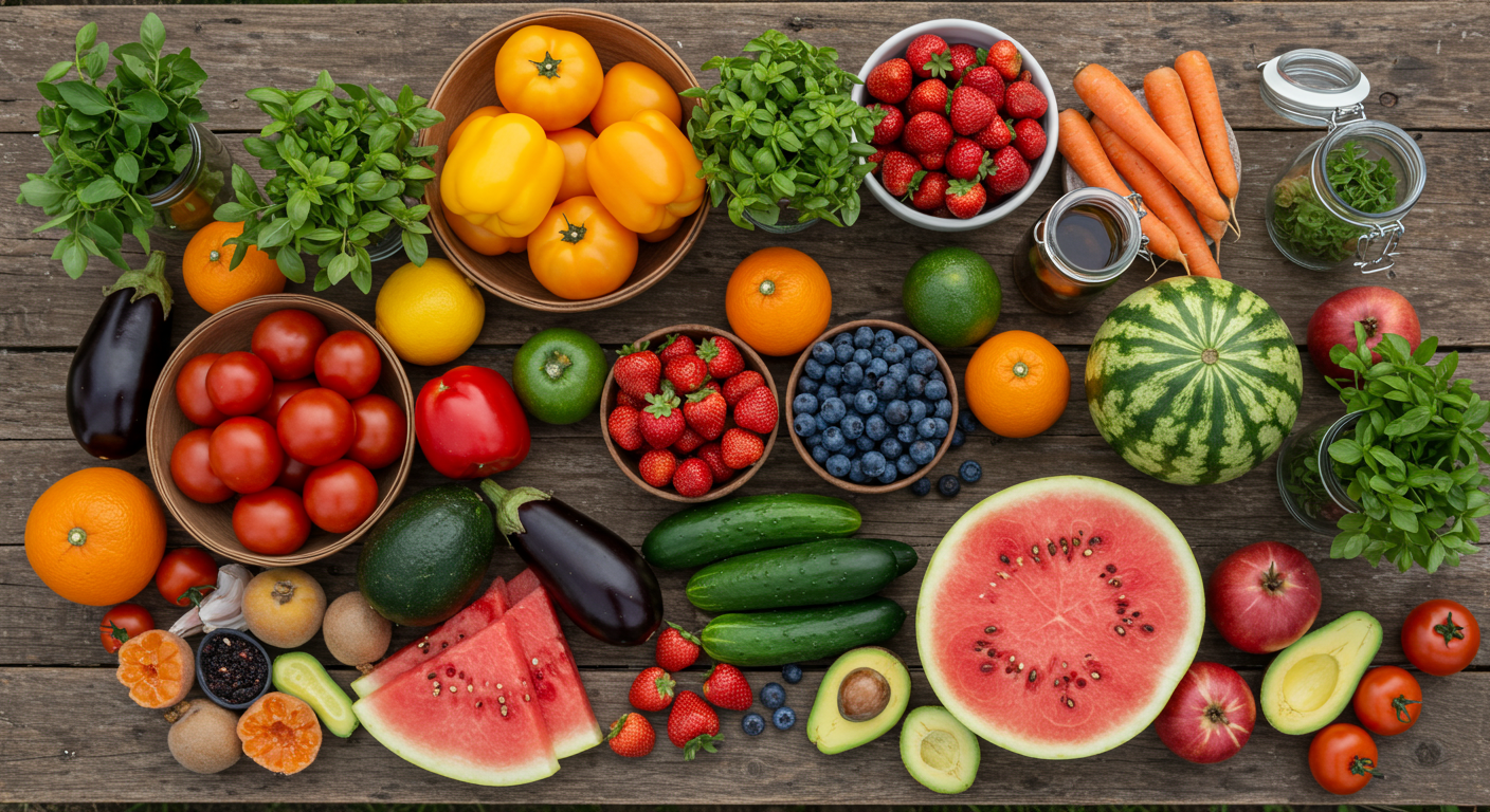 신선한 채소와 과일이 풍성한 컬러풀한 식탁 사진