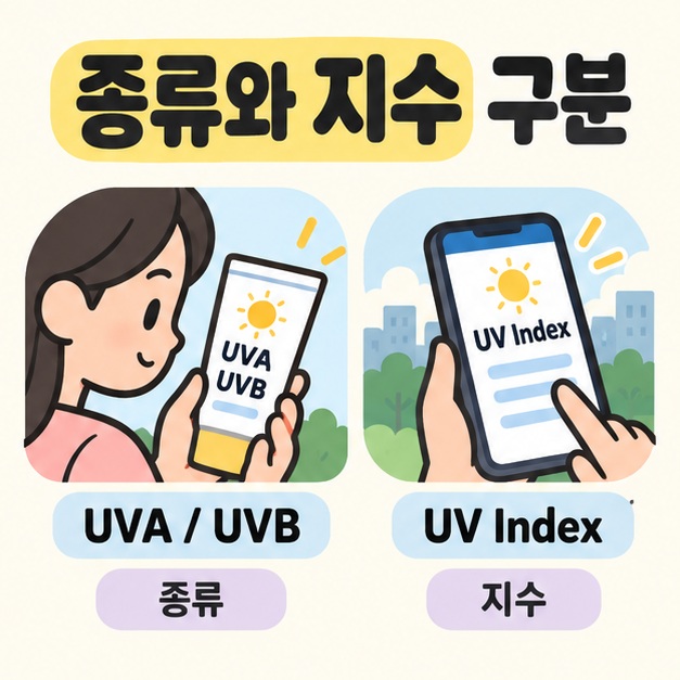 종류와 지수 구분 제목 아래 UVA와 UVB가 적힌 제품을 읽는 사람과 UV Index가 표시된 휴대전화를 종류와 지수로 나누어 보여준 그림