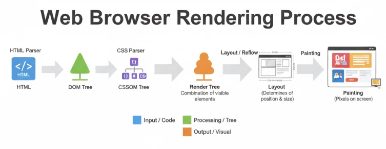 웹 브라우저 렌더링 엔진의 작동 흐름도: HTML/CSS 파싱, DOM/CSSOM 생성, 렌더 트리, 레이아웃, 페인팅 과정을 나타내는 다이어그램