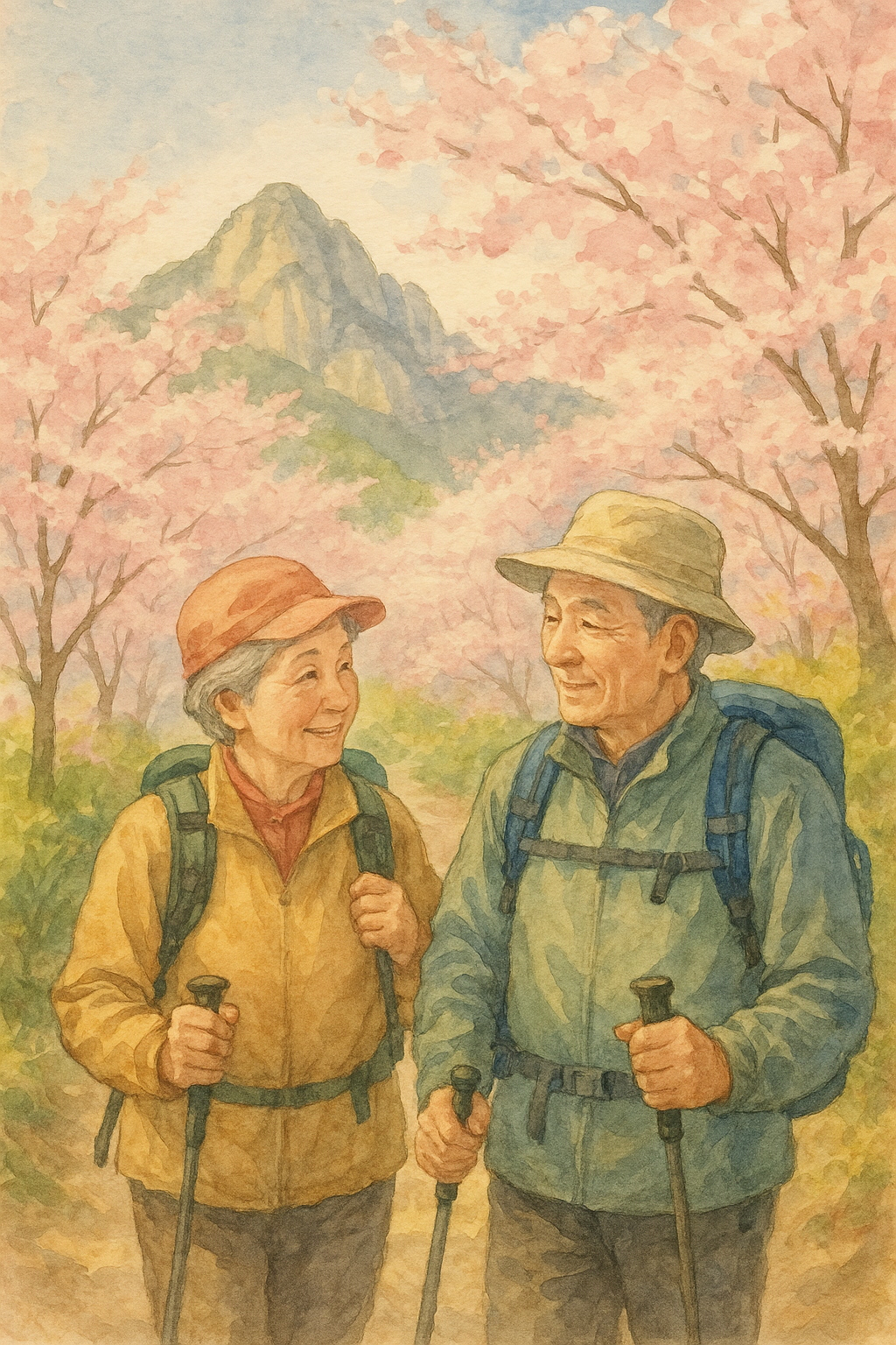 봄날에 북한산 등산하는 60대 부부의 따뜻한 수채화 스타일 그림, 뒤에는 벚꽃이 흐드러지게 핀 풍경, chat gpt 사이트 어플 무료 사용법