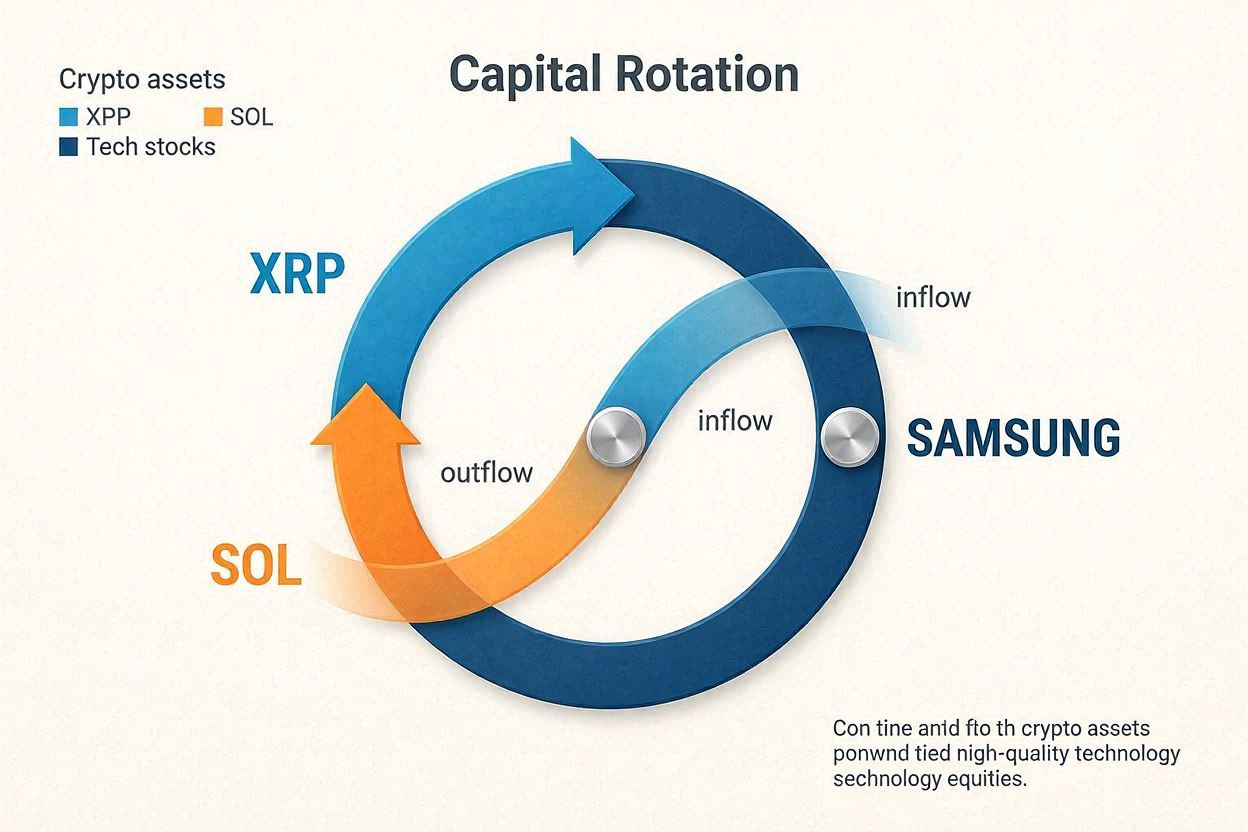 크립토 자산(XRP, SOL)에서 우량 기술주(Samsung)로 자본이 이동하는순환매(Rotation) 그래픽