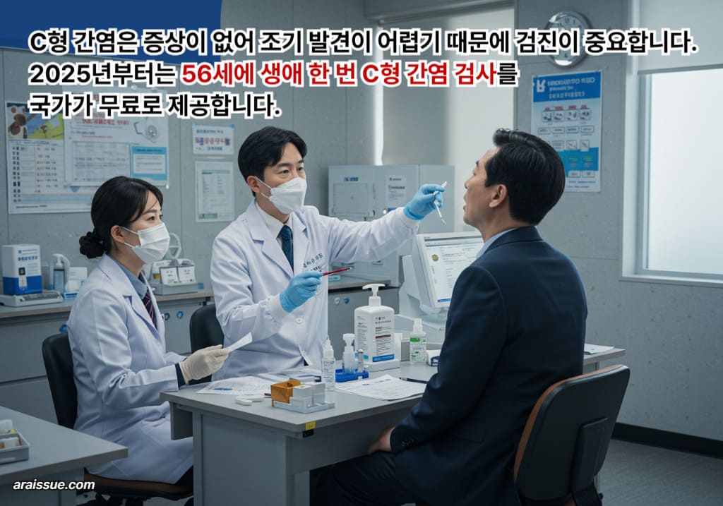 56세 남성이 건강검진에서 C형 간염 검사를 받는 장면을 사실적으로 표현한 이미지