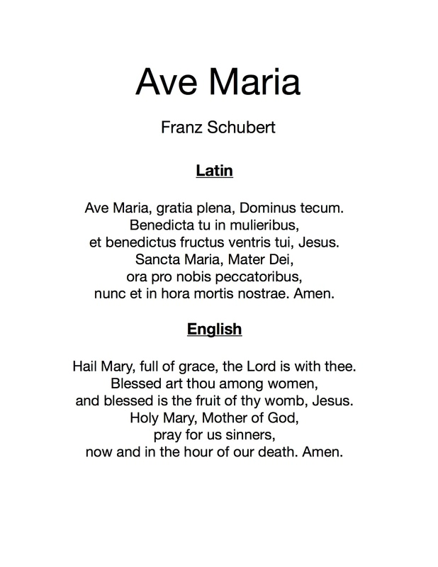 슈베르트가 작곡한 아베마리아 라틴어와 영어 가사를 볼 수 있는 이미지입니다.