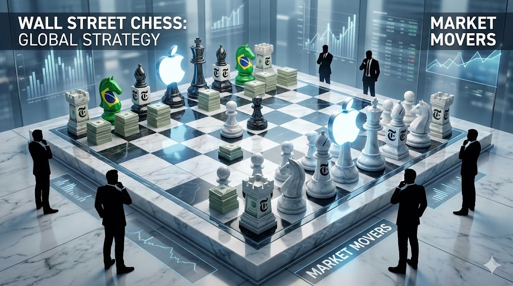 거대한 체스판 위에 애플 주식과 현금 뭉치, 브라질 국기, 뉴욕 타임즈 로고가 말로 놓여 있고 대가들이 심각하게 고민하는 입체적 인포그래픽
