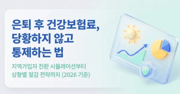 퇴직 후 건강보험료: &rsquo;은퇴 후 건강보험료, 당황하지 않고 통제하는 법'이라는 제목과 '지역가입자 전환 시뮬레이션부터 상황별 절감 전략까지 (2026 기준)'이라는 부제가 포함된 대표 이미지. 퇴직 후 직장가입자에서 지역가입자로 전환될 때 달라지는 건강보험료 계산 구조와 피부양자 등재, 임의계속가입 등 보험료 절감 방법을 안내하는 블로그 글의 대표 이미지이며, 차트와 그래프 아이콘으로 보험료 비교 분석을 시각적으로 표현함