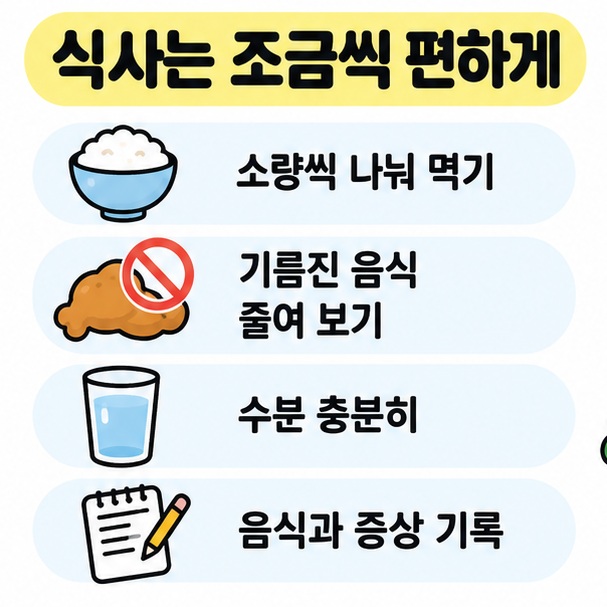 소량 식사와 기름진 음식 조절, 수분 섭취, 음식 기록을 체크리스트로 정리한 카드
