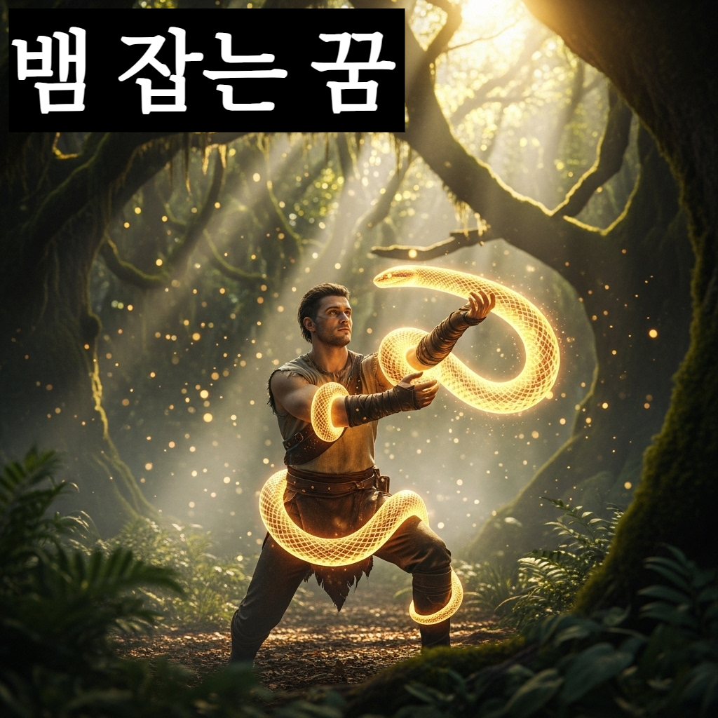 신비로운 숲에서 황금색 빛을 내는 뱀을 당당하게 붙잡고 승리감과 평온을 만끽하는 사람의 신비로운 일러스트
