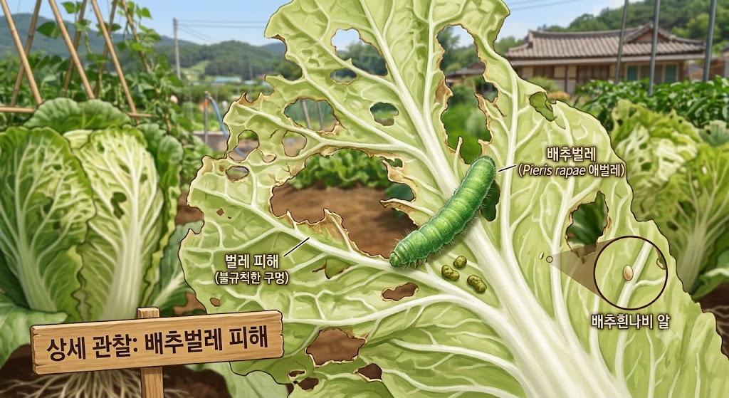 배추 잎에 구멍이 숭숭 뚫려 있고 잎맥 근처에 연두색 배추흰나비 애벌레가 붙어 있는 텃밭 풍경