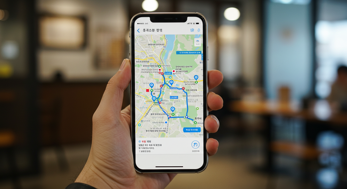네이버 지도 앱으로 강원도 여행 루트를 확인하는 한국인 손.