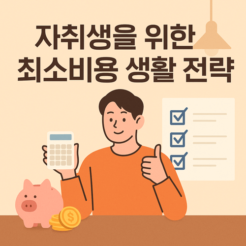 자취생을 위한 최소 비용 생활 전략을 주제로 한 썸네일 이미지로, 전등 아래에서 계산기와 체크리스트, 저금통과 금화를 들고 있는 청년이 절약과 재정 관리의 중요성을 표현한 일러스트