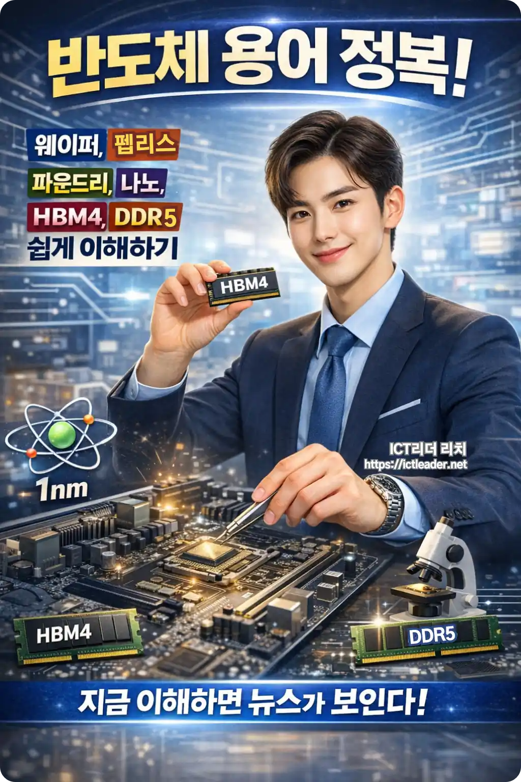 밝은 클린룸 배경에서 반도체 HBM4 메모리를 설명하는 20대 남성 전문가의 고해상도 인포그래픽