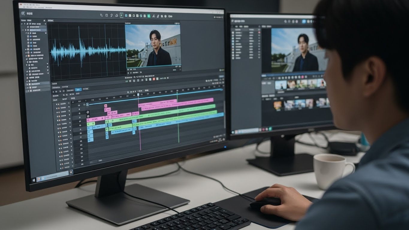 캡컷이나 브루 같은 영상 편집 프로그램을 사용하여 쉽고 빠르게 영상을 제작하는 모습